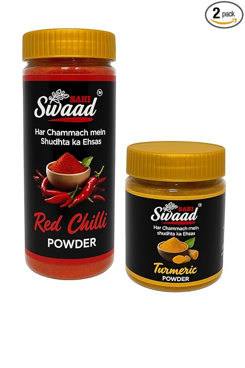 sahi swaad red chilli powder & turmeric powder | laal mirch powder 100 g + haldi powder 50 g combo pack | 100% shudh indian masala | freshly ground & farm fresh | rich colour, strong aroma | no added colours or preservatives sahi swaad red chilli powder & turmeric powder | laal mirch powder 100 g + haldi powder 50 g combo pack | 100% shudh indian masala | freshly ground & farm fresh | rich colour, strong aroma | no added colours or preservatives