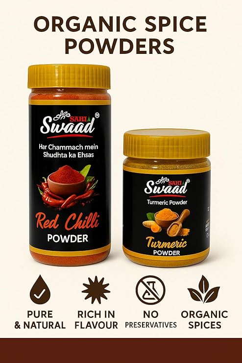 sahi swaad red chilli powder & turmeric powder | laal mirch powder 100 g + haldi powder 50 g combo pack | 100% shudh indian masala | freshly ground & farm fresh | rich colour, strong aroma | no added colours or preservatives sahi swaad red chilli powder & turmeric powder | laal mirch powder 100 g + haldi powder 50 g combo pack | 100% shudh indian masala | freshly ground & farm fresh | rich colour, strong aroma | no added colours or preservatives