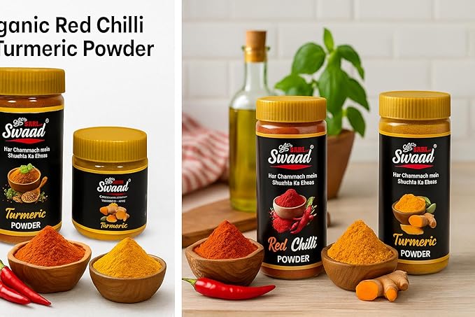 sahi swaad red chilli powder & turmeric powder | laal mirch powder 100 g + haldi powder 50 g combo pack | 100% shudh indian masala | freshly ground & farm fresh | rich colour, strong aroma | no added colours or preservatives sahi swaad red chilli powder & turmeric powder | laal mirch powder 100 g + haldi powder 50 g combo pack | 100% shudh indian masala | freshly ground & farm fresh | rich colour, strong aroma | no added colours or preservatives